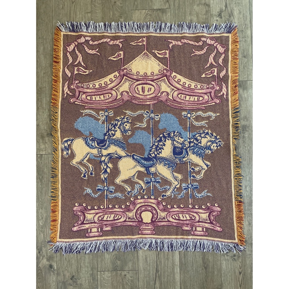 Vintage Woven Carousel Horse Baby Blanket Tapestry Throw Made in Spain 40x49